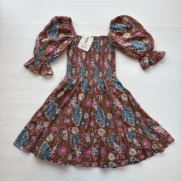 PERRY WALKER Grace Floral Print Smocked Dress O/S Brown Green Pink Smocked Boho - Picture 3 of 15